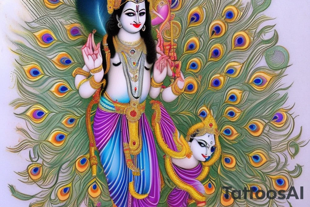 At the center of the design, Lord Krishna is depicted in a regal and divine form. He can be portrayed standing or seated on a lotus, adorned with his iconic peacock feather crown and playing the flute. His depiction can showcase grace, wisdom, and a serene expression. tattoo idea