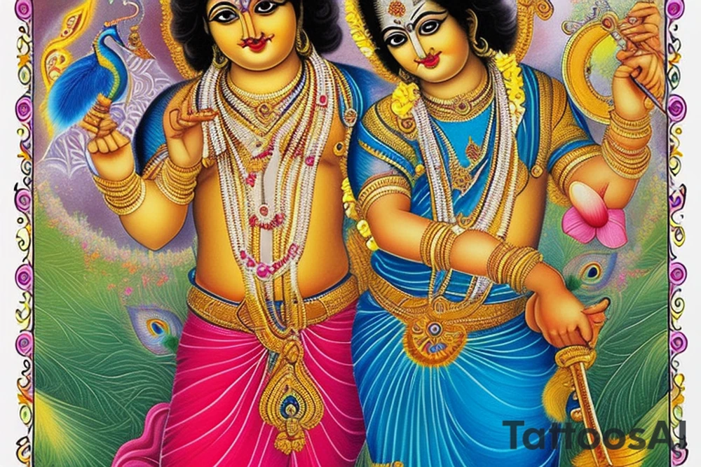 At the center of the design, Lord Krishna is depicted in a regal and divine form. He can be portrayed standing or seated on a lotus, adorned with his iconic peacock feather crown and playing the flute. His depiction can showcase grace, wisdom, and a serene expression. tattoo idea