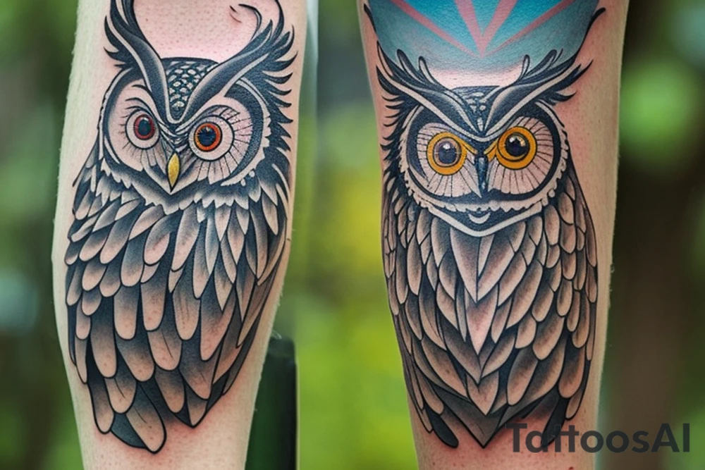 Description:
The tattoo design transports you into a mystical and enchanting forest, where magic and wonder come to life.

Foreground:
At the forefront of the design, a majestic and wise owl perches on a branch. Its eyes, filled with ancient wisdom, gaze out with a mysterious intensity. The owl represents intuition, knowledge, and the connection between the mortal and spiritual realms.

Background:
Behind the owl, the forest comes alive with vibrant colors and fantastical elements. Towering trees with twisting branches stretch toward the sky, creating an otherworldly atmosphere. The leaves of the trees can be portrayed in various hues, ranging from deep greens to vibrant oranges and purples, showcasing the magic of the forest.

Creatures of the Forest:
Within the depths of the forest, whimsical creatures can be incorporated into the design. A playful fox darting through the underbrush, a graceful deer gracefully navigating through the trees, or a mischievous fairy flitting between the foliage. These creatures symbolize the harmony between humans and nature, and the fantastical elements of the enchanted forest.

Magical Elements:
To enhance the sense of magic, incorporate subtle touches of enchantment throughout the design. Glowing fireflies can illuminate the scene, casting a soft and ethereal glow. Delicate swirls and patterns can be intertwined within the branches, representing the flow of energy and the unseen forces of the forest.

Color Palette:
For this design, a combination of vibrant and muted colors can be used. The forest can be depicted in rich and earthy tones, with pops of vibrant colors for the animals and magical elements. Hints of gold or silver can be added to enhance the mystical atmosphere.

Style:
The style of the tattoo design can incorporate a blend of realism and whimsical elements. The animals and natural elements can be rendered with realistic details, while the magical and fantastical elements can be portrayed with softer, more whimsical strokes, creating a visual contrast that adds depth and intrigue tattoo idea