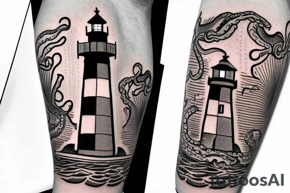 American traditional lighthouse with squid tattoo idea