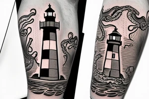 American traditional lighthouse with squid tattoo idea