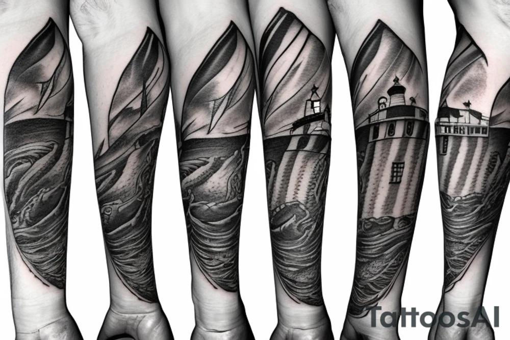American traditional lighthouse with squid tattoo idea