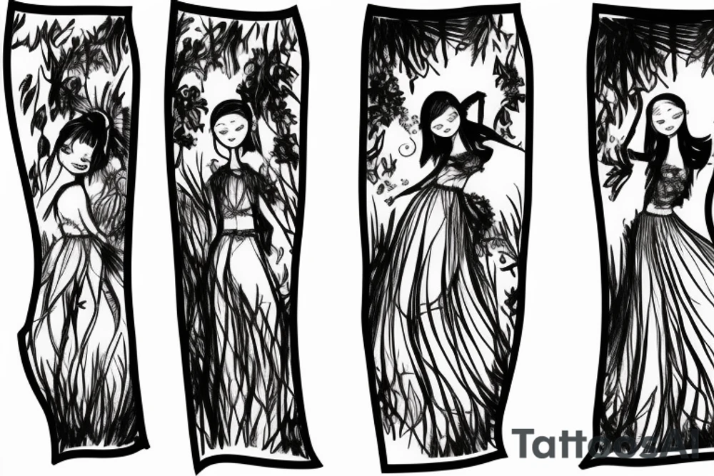 Small girl dancing in a forest with a long skirt tattoo idea