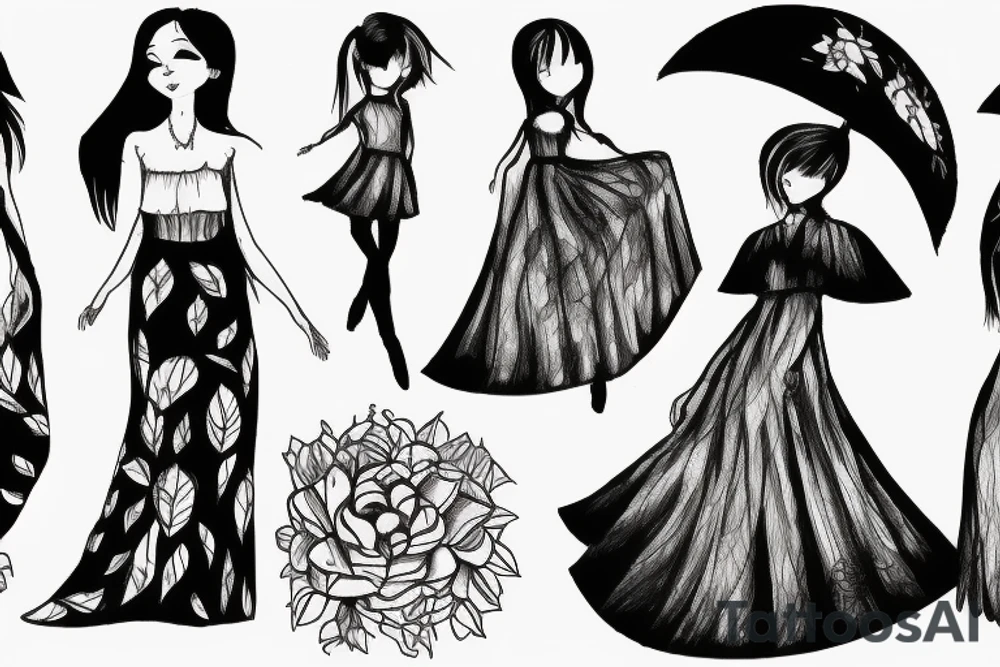 Small girl dancing in a forest with a long skirt tattoo idea