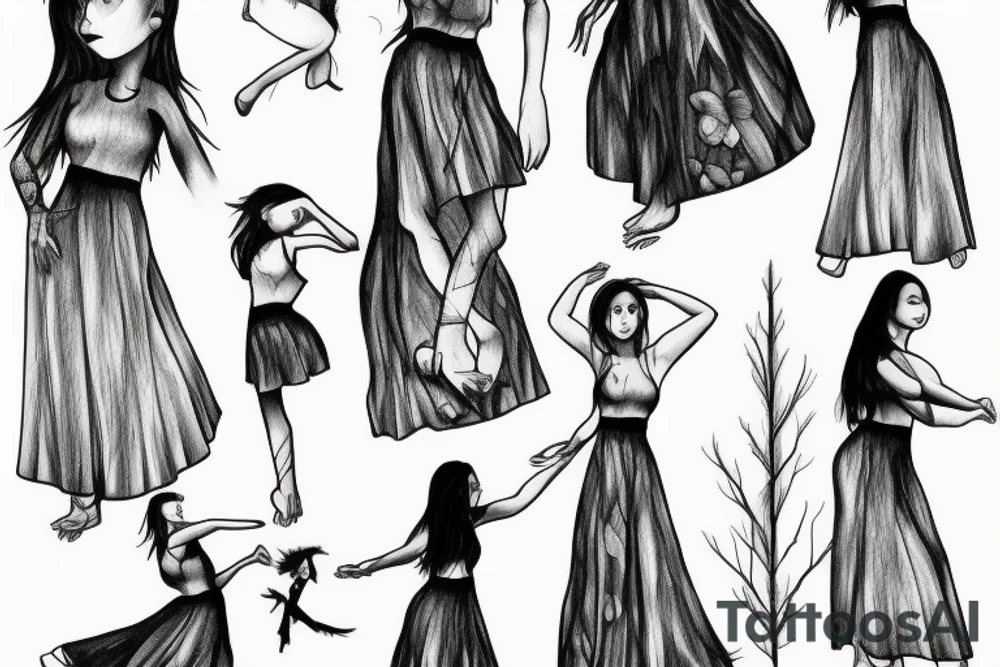 Realistic Small girl dancing in a forest with a long skirt tattoo idea