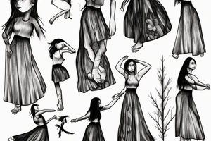 Realistic Small girl dancing in a forest with a long skirt tattoo idea