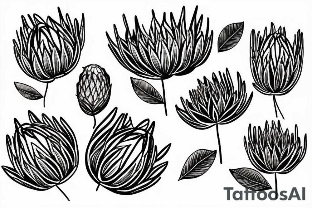 Abstract single line drawing of a protea flower with very few lines tattoo idea