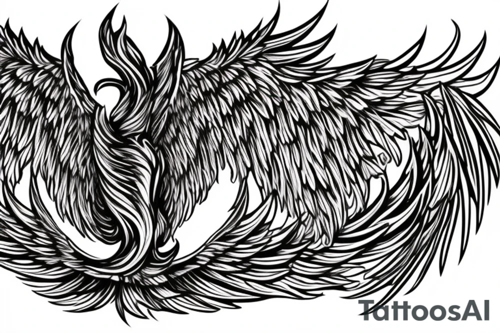 Large Phoenix rising from the ashes surrouned by smoke and ash, head arched gracefully towards the sky, wings spread and wingtips still glowing from the embers. tattoo idea