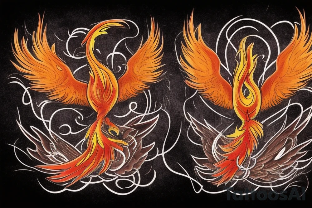 Large Phoenix rising from the ashes surrouned by smoke and ash, head arched gracefully towards the sky, wings spread and wingtips still glowing from the embers. tattoo idea