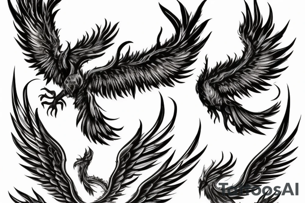 Large Phoenix rising from the ashes surrouned by smoke and ash, head arched gracefully towards the sky, wings spread and wingtips still glowing from the embers. tattoo idea