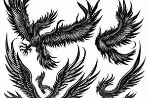 Large Phoenix rising from the ashes surrouned by smoke and ash, head arched gracefully towards the sky, wings spread and wingtips still glowing from the embers. tattoo idea