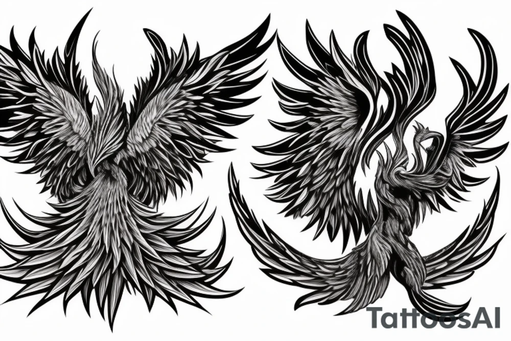 Large Phoenix rising from the ashes surrouned by smoke and ash, head arched gracefully towards the sky, wings spread and wingtips still glowing from the embers. tattoo idea