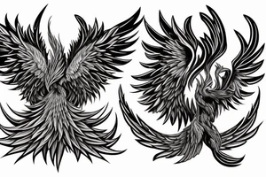 Large Phoenix rising from the ashes surrouned by smoke and ash, head arched gracefully towards the sky, wings spread and wingtips still glowing from the embers. tattoo idea
