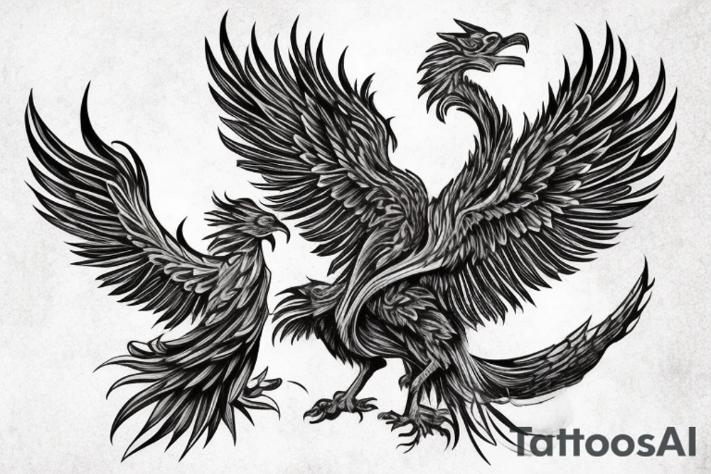 Large Phoenix rising from the ashes surrouned by smoke and ash, head arched gracefully towards the sky, wings spread and wingtips still glowing from the embers. tattoo idea