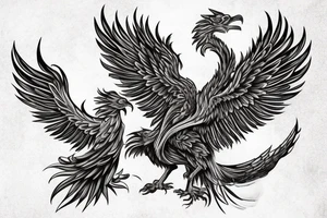 Large Phoenix rising from the ashes surrouned by smoke and ash, head arched gracefully towards the sky, wings spread and wingtips still glowing from the embers. tattoo idea
