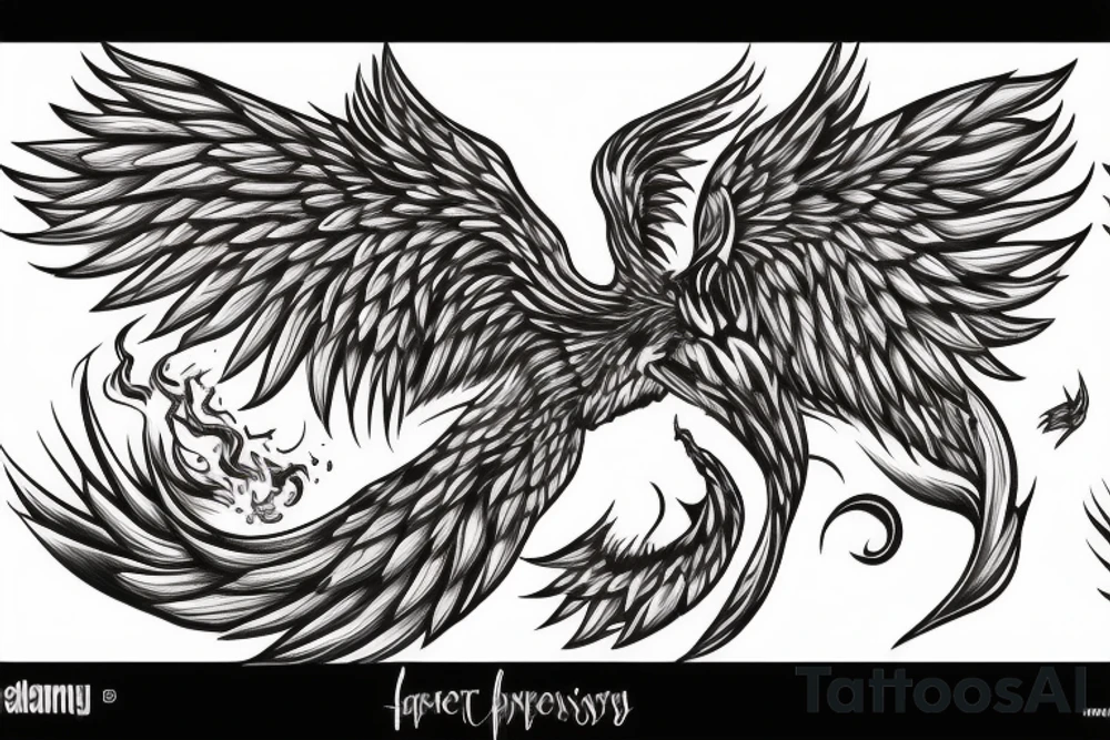 Large Phoenix rising from the ashes surrouned by smoke and ash, head arched gracefully towards the sky, wings spread and wingtips still glowing from the embers. tattoo idea