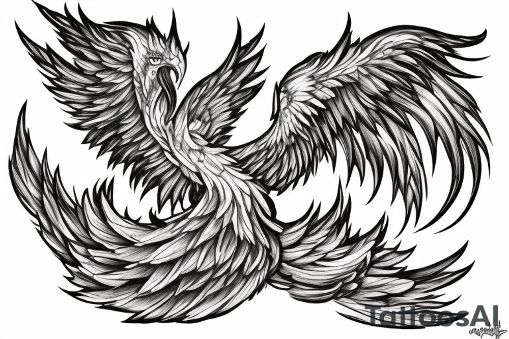 Large Phoenix rising from the ashes surrouned by smoke and ash, head arched gracefully towards the sky, wings spread and wingtips still glowing from the embers. tattoo idea