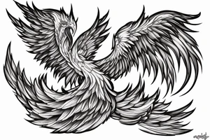 Large Phoenix rising from the ashes surrouned by smoke and ash, head arched gracefully towards the sky, wings spread and wingtips still glowing from the embers. tattoo idea