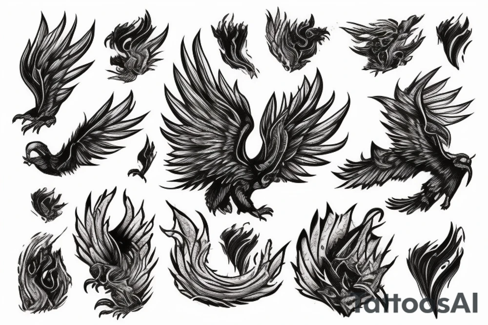 A pile of Ashes, with a large Pheonix rising from them, Lots of color tattoo idea