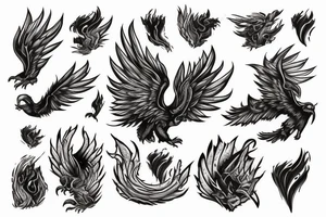 A pile of Ashes, with a large Pheonix rising from them, Lots of color tattoo idea