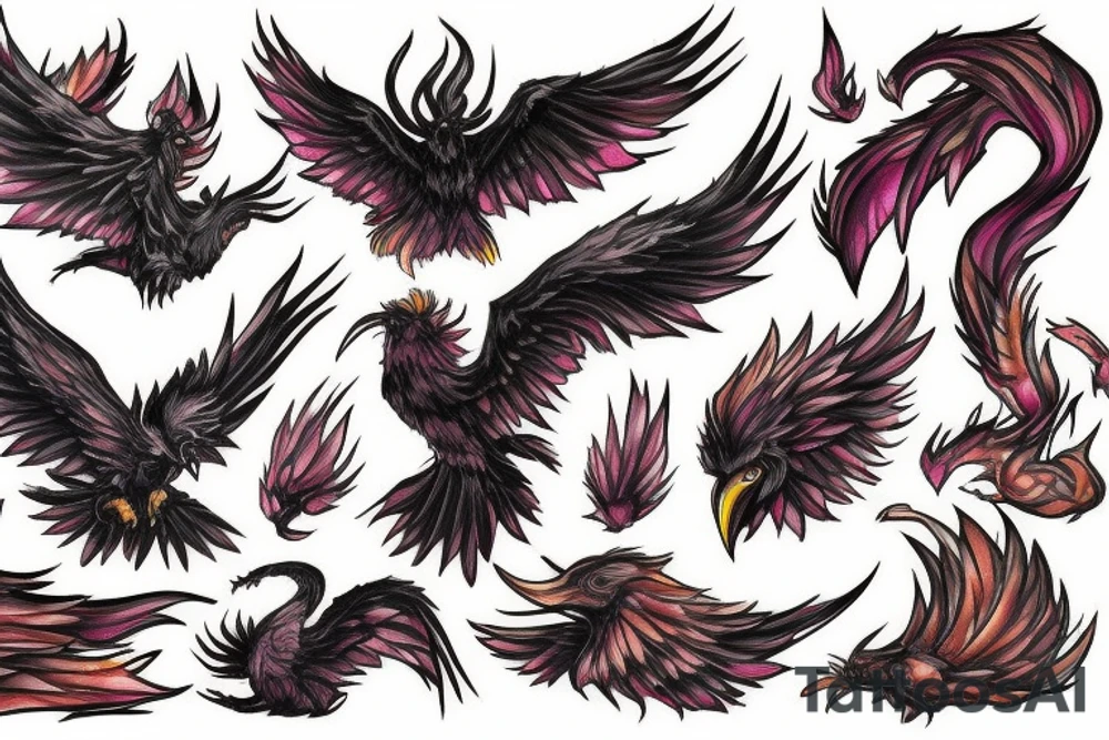 A pile of Ashes, with a large Pheonix rising from them, Lots of color tattoo idea