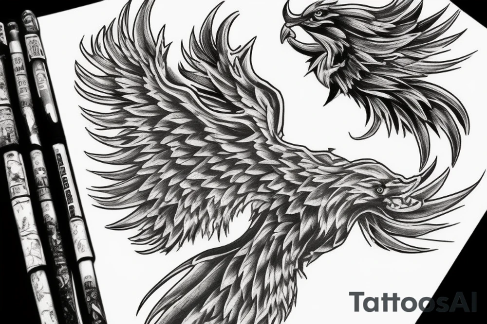 A pile of Ashes, with a large Pheonix rising from them, Lots of color tattoo idea