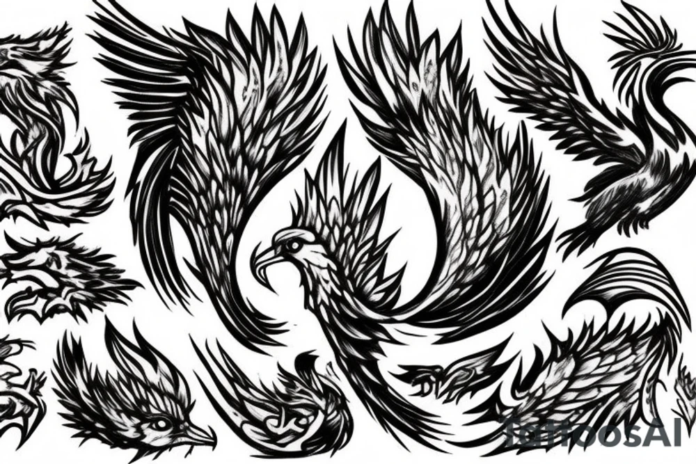 A pile of Ashes, with a large Pheonix rising from them, Lots of color tattoo idea