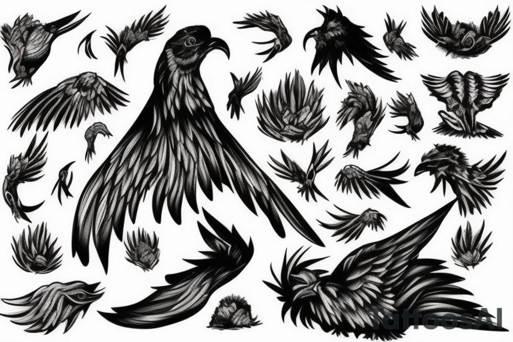 A pile of Ashes, with a large Bird rising from them, Lots of color tattoo idea