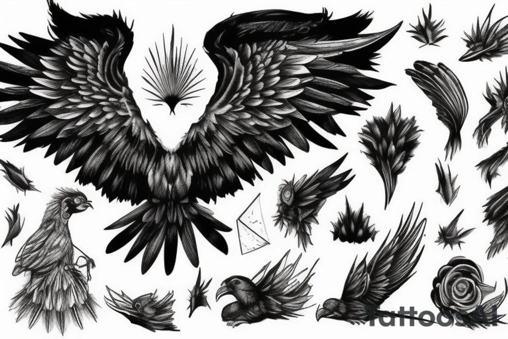 A pile of Ashes, with a large Bird rising from them, Lots of color tattoo idea