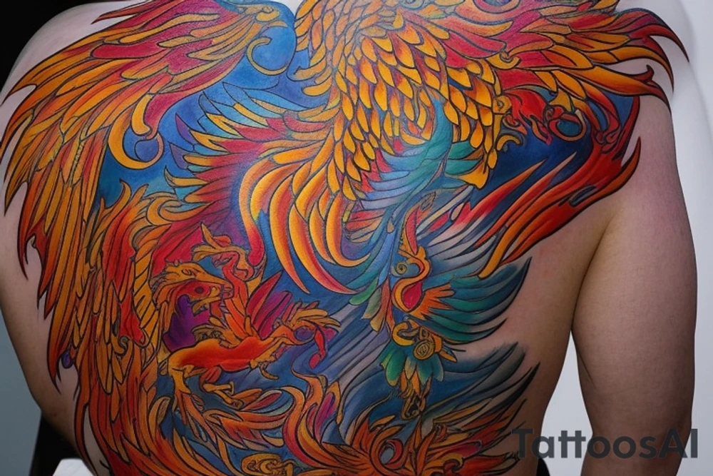 The tattoo is a vibrant and intricate design spanning across the upper back. It features a majestic phoenix, the mythical bird of fire and rebirth, as the central motif. The phoenix is depicted with outstretched wings, creating a sense of movement and grace. The body of the phoenix is adorned with vibrant shades of red, orange, and yellow, symbolizing the flames that engulf it. The feathers of the wings gradually transition from fiery hues to shades of deep indigo and royal purple, representing the transformation and renewal the phoenix embodies.

Surrounding the phoenix are lush, swirling patterns reminiscent of smoke and flames, beautifully blending with the bird's majestic aura. These patterns incorporate shades of orange, gold, and crimson, creating a stunning visual contrast against the rich blue hues of the phoenix's feathers.

To enhance the overall composition, delicate cherry blossoms are scattered around the design, symbolizing beauty, life, and the fleeting nature of existence. The cherry blossoms are meticulously inked in soft pinks and whites, providing a delicate touch amidst the boldness of the phoenix and the swirling patterns.

Finally, for added depth and dimension, subtle touches of shading and highlights are employed throughout the tattoo, creating a three-dimensional effect that brings the entire design to life. tattoo idea