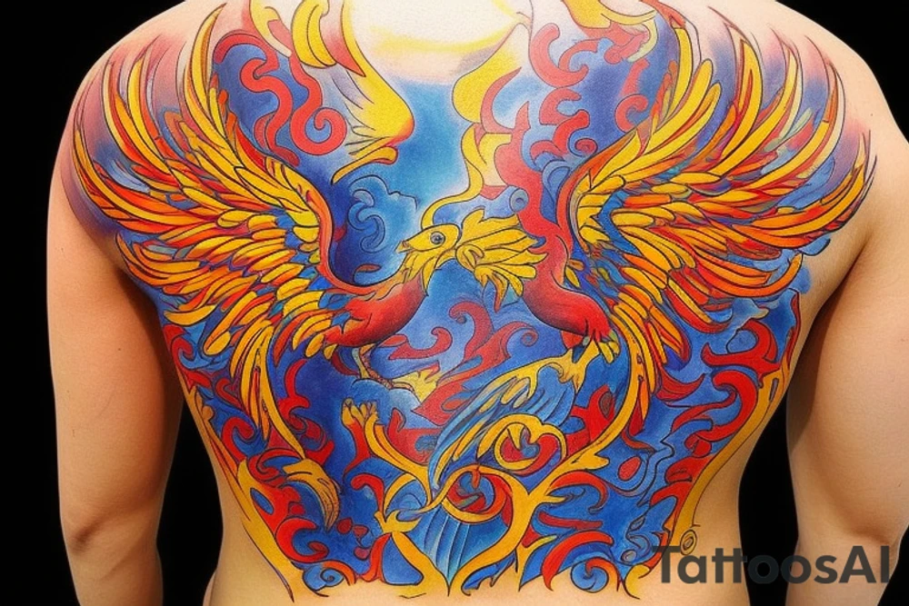 The tattoo is a vibrant and intricate design spanning across the upper back. It features a majestic phoenix, the mythical bird of fire and rebirth, as the central motif. The phoenix is depicted with outstretched wings, creating a sense of movement and grace. The body of the phoenix is adorned with vibrant shades of red, orange, and yellow, symbolizing the flames that engulf it. The feathers of the wings gradually transition from fiery hues to shades of deep indigo and royal purple, representing the transformation and renewal the phoenix embodies.

Surrounding the phoenix are lush, swirling patterns reminiscent of smoke and flames, beautifully blending with the bird's majestic aura. These patterns incorporate shades of orange, gold, and crimson, creating a stunning visual contrast against the rich blue hues of the phoenix's feathers.

To enhance the overall composition, delicate cherry blossoms are scattered around the design, symbolizing beauty, life, and the fleeting nature of existence. The cherry blossoms are meticulously inked in soft pinks and whites, providing a delicate touch amidst the boldness of the phoenix and the swirling patterns.

Finally, for added depth and dimension, subtle touches of shading and highlights are employed throughout the tattoo, creating a three-dimensional effect that brings the entire design to life. tattoo idea
