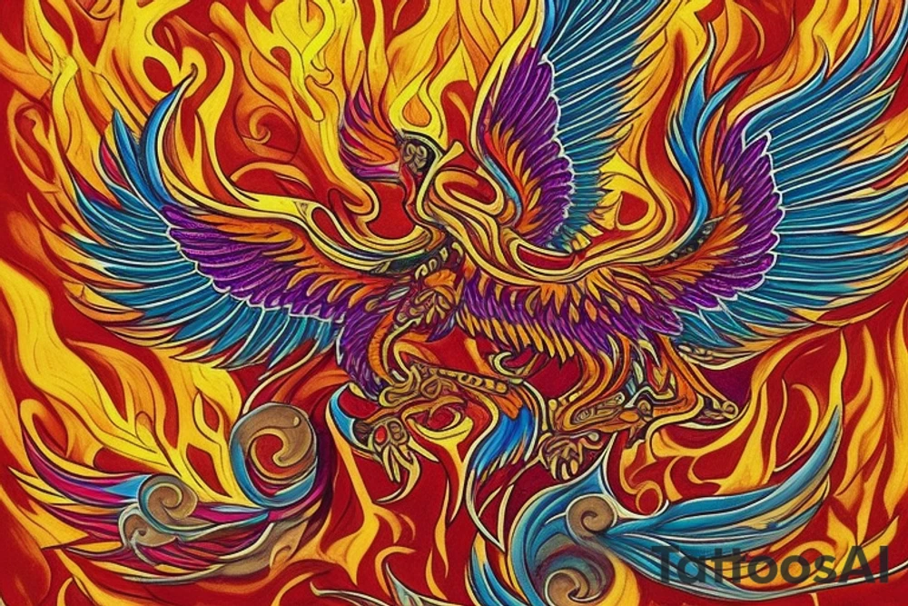 The tattoo is a vibrant and intricate design spanning across the Hip and Side. It features a majestic phoenix, the mythical bird of fire and rebirth, as the central motif. The phoenix is depicted with outstretched wings, creating a sense of movement and grace. The body of the phoenix is adorned with vibrant shades of red, orange, and yellow, symbolizing the flames that engulf it. The feathers of the wings gradually transition from fiery hues to shades of deep indigo and royal purple, representing the transformation and renewal the phoenix embodies.

Surrounding the phoenix are lush, swirling patterns reminiscent of smoke and flames, beautifully blending with the bird's majestic aura. These patterns incorporate shades of orange, gold, and crimson, creating a stunning visual contrast against the rich blue hues of the phoenix's feathers.

To enhance the overall composition, delicate cherry blossoms are scattered around the design, symbolizing beauty, life, and the fleeting nature of existence. The cherry blossoms are meticulously inked in soft pinks and whites, providing a delicate touch amidst the boldness of the phoenix and the swirling patterns.

Finally, for added depth and dimension, subtle touches of shading and highlights are employed throughout the tattoo, creating a three-dimensional effect that brings the entire design to life. tattoo idea