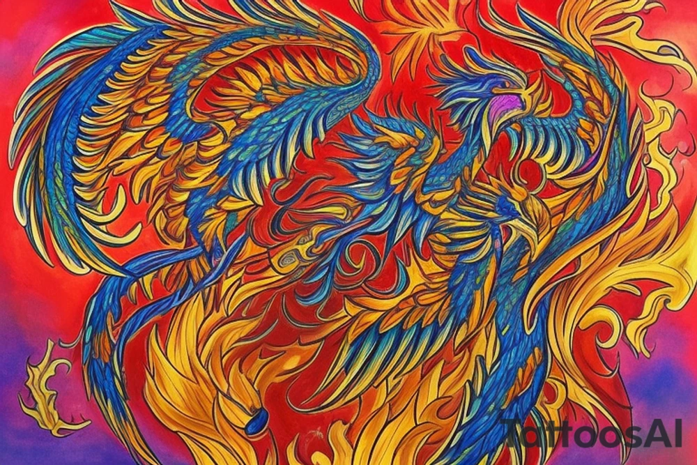 The tattoo is a vibrant and intricate design spanning across the Hip and Side. It features a majestic phoenix, the mythical bird of fire and rebirth, as the central motif. The phoenix is depicted with outstretched wings, creating a sense of movement and grace. The body of the phoenix is adorned with vibrant shades of red, orange, and yellow, symbolizing the flames that engulf it. The feathers of the wings gradually transition from fiery hues to shades of deep indigo and royal purple, representing the transformation and renewal the phoenix embodies.

Surrounding the phoenix are lush, swirling patterns reminiscent of smoke and flames, beautifully blending with the bird's majestic aura. These patterns incorporate shades of orange, gold, and crimson, creating a stunning visual contrast against the rich blue hues of the phoenix's feathers.

To enhance the overall composition, delicate cherry blossoms are scattered around the design, symbolizing beauty, life, and the fleeting nature of existence. The cherry blossoms are meticulously inked in soft pinks and whites, providing a delicate touch amidst the boldness of the phoenix and the swirling patterns.

Finally, for added depth and dimension, subtle touches of shading and highlights are employed throughout the tattoo, creating a three-dimensional effect that brings the entire design to life. tattoo idea