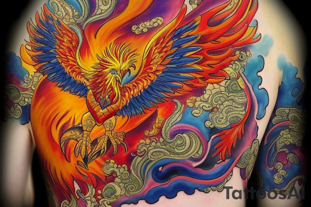 The tattoo is a vibrant and intricate design spanning across the Hip and Side. It features a majestic phoenix, the mythical bird of fire and rebirth, as the central motif. The phoenix is depicted with outstretched wings, creating a sense of movement and grace. The body of the phoenix is adorned with vibrant shades of red, orange, and yellow, symbolizing the flames that engulf it. The feathers of the wings gradually transition from fiery hues to shades of deep indigo and royal purple, representing the transformation and renewal the phoenix embodies.

Surrounding the phoenix are lush, swirling patterns reminiscent of smoke and flames, beautifully blending with the bird's majestic aura. These patterns incorporate shades of black, gold, and gray, creating a stunning visual contrast against the rich blue hues of the phoenix's feathers.
Finally, for added depth and dimension, subtle touches of shading and highlights are employed throughout the tattoo, creating a three-dimensional effect that brings the entire design to life. tattoo idea