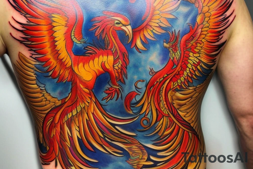 The tattoo is a vibrant and intricate design spanning across the Hip and Side. It features a majestic phoenix, the mythical bird of fire and rebirth, as the central motif. The phoenix is depicted with outstretched wings, creating a sense of movement and grace. The body of the phoenix is adorned with vibrant shades of red, orange, and yellow, symbolizing the flames that engulf it. The feathers of the wings gradually transition from fiery hues to shades of deep indigo and royal purple, representing the transformation and renewal the phoenix embodies.

Surrounding the phoenix are lush, swirling patterns reminiscent of smoke and flames, beautifully blending with the bird's majestic aura. These patterns incorporate shades of black, gold, and gray, creating a stunning visual contrast against the rich blue hues of the phoenix's feathers.
Finally, for added depth and dimension, subtle touches of shading and highlights are employed throughout the tattoo, creating a three-dimensional effect that brings the entire design to life. tattoo idea