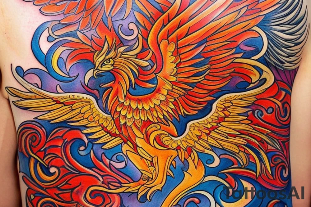 The tattoo is a vibrant and intricate design spanning up  from the Hip and 
 to the ribcage. It features a majestic phoenix, the mythical bird of fire and rebirth, as the central motif. The phoenix is depicted with outstretched wings, creating a sense of movement and grace. The body of the phoenix is adorned with vibrant shades of red, orange, and yellow, symbolizing the flames that engulf it. The feathers of the wings gradually transition from fiery hues to shades of deep indigo and royal purple, representing the transformation and renewal the phoenix embodies.

Surrounding the phoenix are lush, swirling patterns reminiscent of smoke and flames, beautifully blending with the bird's majestic aura. These patterns incorporate shades of black, gold, and gray, creating a stunning visual contrast against the rich blue hues of the phoenix's feathers.
Finally, for added depth and dimension, subtle touches of shading and highlights are employed throughout the tattoo, creating a three-dimensional effect that brings the entire design to life. tattoo idea