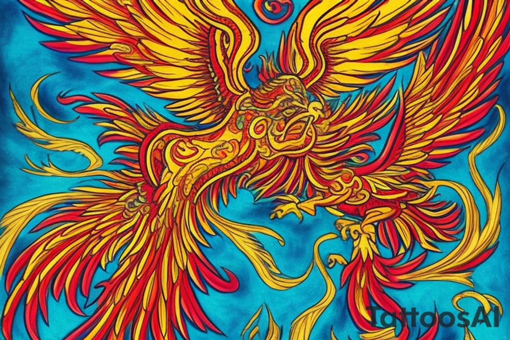 The tattoo is a vibrant and intricate design spanning up  from the Hip and 
 to the ribcage. It features a majestic phoenix, the mythical bird of fire and rebirth, as the central motif. The phoenix is depicted with outstretched wings, creating a sense of movement and grace. The body of the phoenix is adorned with vibrant shades of red, orange, and yellow, symbolizing the flames that engulf it. The feathers of the wings gradually transition from fiery hues to shades of deep indigo and royal purple, representing the transformation and renewal the phoenix embodies.

Surrounding the phoenix are lush, swirling patterns reminiscent of smoke and flames, beautifully blending with the bird's majestic aura. These patterns incorporate shades of black, gold, and gray, creating a stunning visual contrast against the rich blue hues of the phoenix's feathers.
Finally, for added depth and dimension, subtle touches of shading and highlights are employed throughout the tattoo, creating a three-dimensional effect that brings the entire design to life. tattoo idea