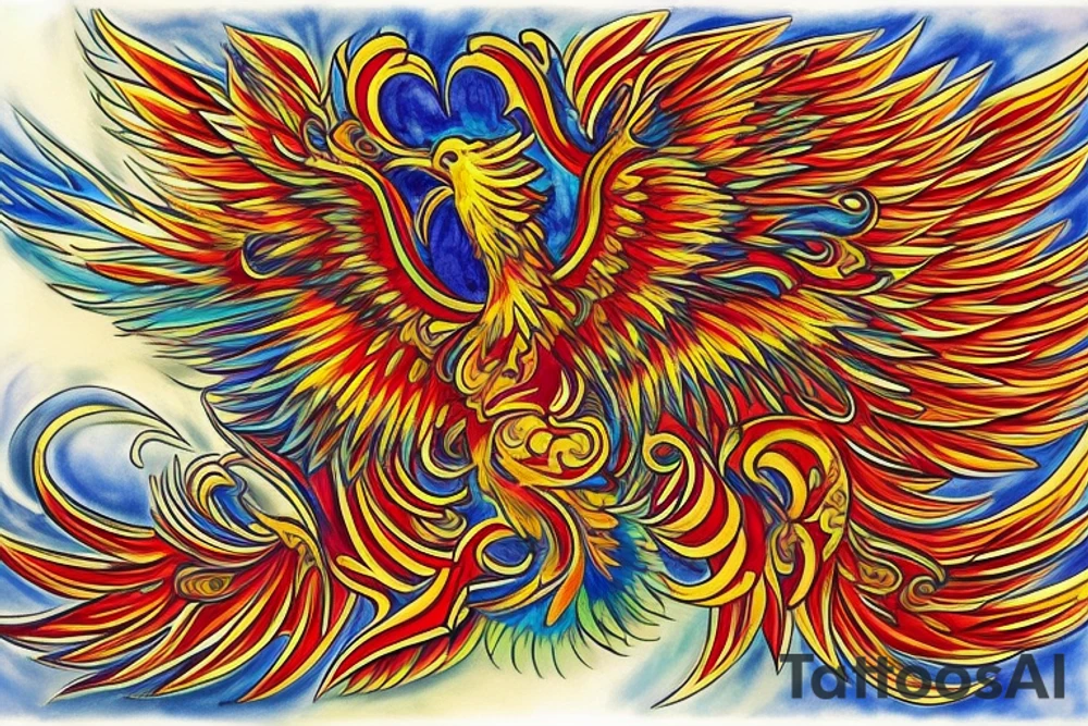 The tattoo is a vibrant and intricate design spanning up  from the Hip and 
 to the ribcage. It features a majestic phoenix, the mythical bird of fire and rebirth, as the central motif. The phoenix is depicted with outstretched wings, creating a sense of movement and grace. The body of the phoenix is adorned with vibrant shades of red, orange, and yellow, symbolizing the flames that engulf it. The feathers of the wings gradually transition from fiery hues to shades of deep indigo and royal purple, representing the transformation and renewal the phoenix embodies.

Surrounding the phoenix are lush, swirling patterns reminiscent of smoke and flames, beautifully blending with the bird's majestic aura. These patterns incorporate shades of black, gold, and gray, creating a stunning visual contrast against the rich blue hues of the phoenix's feathers.
Finally, for added depth and dimension, subtle touches of shading and highlights are employed throughout the tattoo, creating a three-dimensional effect that brings the entire design to life. tattoo idea