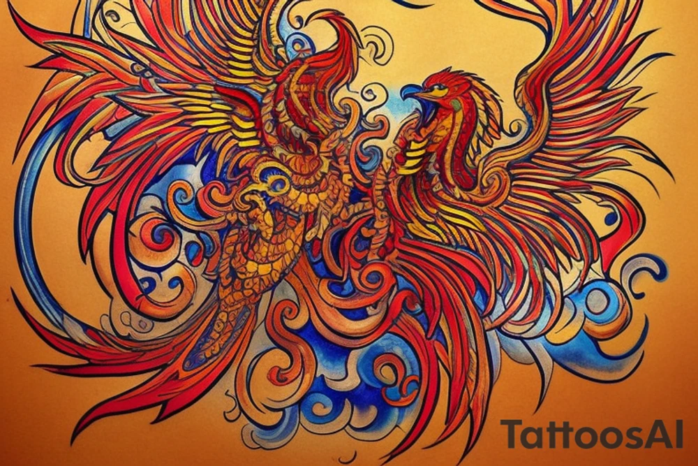 The tattoo is a vibrant and intricate design spanning up  from the Hip and 
 to the ribcage. It features a majestic phoenix, the mythical bird of fire and rebirth, as the central motif. The phoenix is depicted with outstretched wings, creating a sense of movement and grace. The body of the phoenix is adorned with vibrant shades of red, orange, and yellow, symbolizing the flames that engulf it. The feathers of the wings gradually transition from fiery hues to shades of deep indigo and royal purple, representing the transformation and renewal the phoenix embodies.

Surrounding the phoenix are lush, swirling patterns reminiscent of smoke and flames, beautifully blending with the bird's majestic aura. These patterns incorporate shades of black, gold, and gray, creating a stunning visual contrast against the rich blue hues of the phoenix's feathers.
Finally, for added depth and dimension, subtle touches of shading and highlights are employed throughout the tattoo, creating a three-dimensional effect that brings the entire design to life. tattoo idea
