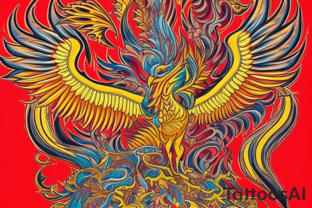 The tattoo is a vibrant and intricate design spanning up  from the Hip and 
 to the ribcage. It features a majestic phoenix, the mythical bird of fire and rebirth, as the central motif. The phoenix is depicted with outstretched wings, creating a sense of movement and grace. The body of the phoenix is adorned with vibrant shades of red, orange, and yellow, symbolizing the flames that engulf it. The feathers of the wings gradually transition from fiery hues to shades of deep indigo and royal purple, representing the transformation and renewal the phoenix embodies.

Surrounding the phoenix are lush, swirling patterns reminiscent of smoke and flames, beautifully blending with the bird's majestic aura. These patterns incorporate shades of black, gold, and gray, creating a stunning visual contrast against the rich blue hues of the phoenix's feathers.
Finally, for added depth and dimension, subtle touches of shading and highlights are employed throughout the tattoo, creating a three-dimensional effect that brings the entire design to life. tattoo idea