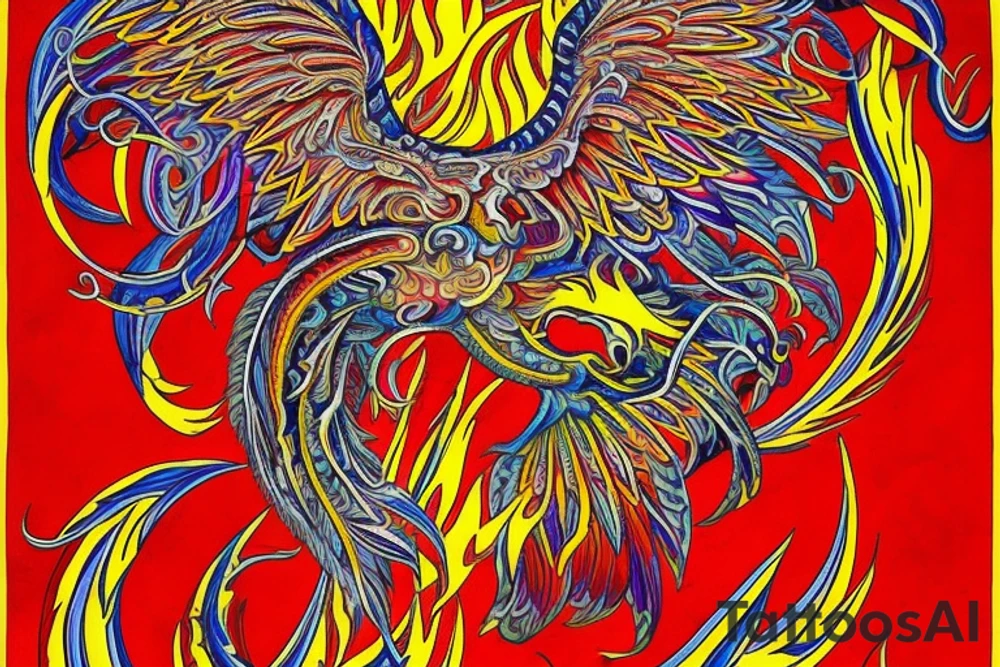 The tattoo is a vibrant and intricate design spanning up  from the Hip and 
 to the ribcage. It features a majestic phoenix, the mythical bird of fire and rebirth, as the central motif. The phoenix is depicted with outstretched wings, creating a sense of movement and grace. The body of the phoenix is adorned with vibrant shades of red, orange, and yellow, symbolizing the flames that engulf it. The feathers of the wings gradually transition from fiery hues to shades of deep indigo and royal purple, representing the transformation and renewal the phoenix embodies.

Surrounding the phoenix are lush, swirling patterns reminiscent of smoke and flames, beautifully blending with the bird's majestic aura. These patterns incorporate shades of black, gold, and gray, creating a stunning visual contrast against the rich blue hues of the phoenix's feathers.
Finally, for added depth and dimension, subtle touches of shading and highlights are employed throughout the tattoo, creating a three-dimensional effect that brings the entire design to life. tattoo idea
