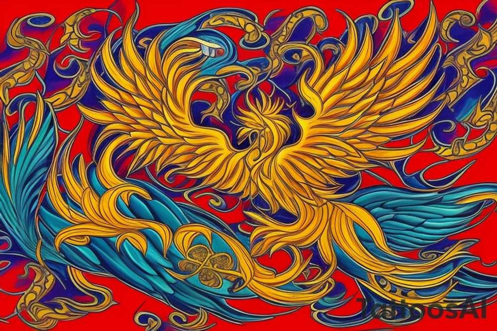 The tattoo is a vibrant and intricate design spanning up  from the Hip and 
 to the ribcage. It features a majestic phoenix, the mythical bird of fire and rebirth, as the central motif. The phoenix is depicted with outstretched wings, creating a sense of movement and grace. The body of the phoenix is adorned with vibrant shades of red, orange, and yellow, symbolizing the flames that engulf it. The feathers of the wings gradually transition from fiery hues to shades of deep indigo and royal purple, representing the transformation and renewal the phoenix embodies.

Surrounding the phoenix are lush, swirling patterns reminiscent of smoke and flames, beautifully blending with the bird's majestic aura. These patterns incorporate shades of black, gold, and gray, creating a stunning visual contrast against the rich blue hues of the phoenix's feathers.
Finally, for added depth and dimension, subtle touches of shading and highlights are employed throughout the tattoo, creating a three-dimensional effect that brings the entire design to life. tattoo idea