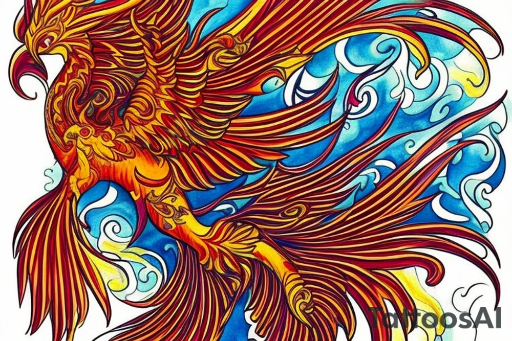 The tattoo is a vibrant and intricate design spanning up  from the Hip and 
 to the ribcage. It features a majestic phoenix, the mythical bird of fire and rebirth, as the central motif. The phoenix is depicted with outstretched wings, creating a sense of movement and grace. The body of the phoenix is adorned with vibrant shades of red, orange, and yellow, symbolizing the flames that engulf it. The feathers of the wings gradually transition from fiery hues to shades of deep indigo and royal purple, representing the transformation and renewal the phoenix embodies.

Surrounding the phoenix are lush, swirling patterns reminiscent of smoke and flames, beautifully blending with the bird's majestic aura. These patterns incorporate shades of black, gold, and gray, creating a stunning visual contrast against the rich blue hues of the phoenix's feathers.
Finally, for added depth and dimension, subtle touches of shading and highlights are employed throughout the tattoo, creating a three-dimensional effect that brings the entire design to life. tattoo idea