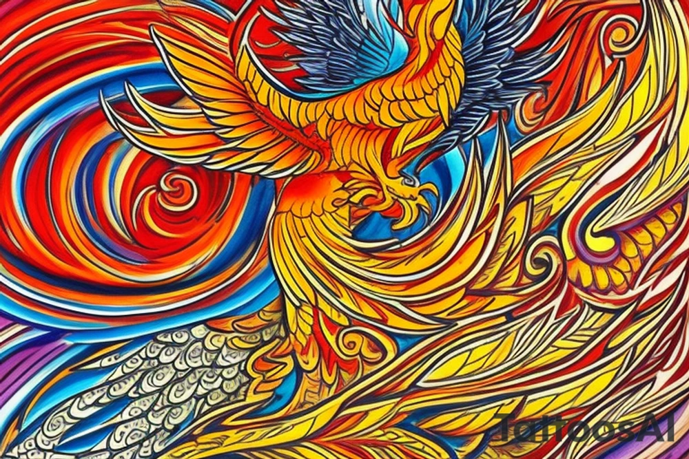 The tattoo is a vibrant and intricate design spanning up  from the Hip and 
 to the ribcage. It features a majestic phoenix, the mythical bird of fire and rebirth, as the central motif. The phoenix is depicted with outstretched wings, creating a sense of movement and grace. The body of the phoenix is adorned with vibrant shades of red, orange, and yellow, symbolizing the flames that engulf it. The feathers of the wings gradually transition from fiery hues to shades of deep indigo and royal purple, representing the transformation and renewal the phoenix embodies.

Surrounding the phoenix are lush, swirling patterns reminiscent of smoke and flames, beautifully blending with the bird's majestic aura. These patterns incorporate shades of black, gold, and gray, creating a stunning visual contrast against the rich blue hues of the phoenix's feathers.
Finally, for added depth and dimension, subtle touches of shading and highlights are employed throughout the tattoo, creating a three-dimensional effect that brings the entire design to life. tattoo idea