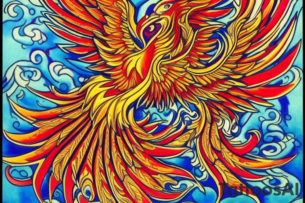 The tattoo is a vibrant and intricate design spanning up  from the Hip and 
 to the ribcage. It features a majestic phoenix, the mythical bird of fire and rebirth, as the central motif. The phoenix is depicted with outstretched wings, creating a sense of movement and grace. The body of the phoenix is adorned with vibrant shades of red, orange, and yellow, symbolizing the flames that engulf it. The feathers of the wings gradually transition from fiery hues to shades of deep indigo and royal purple, representing the transformation and renewal the phoenix embodies.

Surrounding the phoenix are lush, swirling patterns reminiscent of smoke and flames, beautifully blending with the bird's majestic aura. These patterns incorporate shades of black, gold, and gray, creating a stunning visual contrast against the rich blue hues of the phoenix's feathers.
Finally, for added depth and dimension, subtle touches of shading and highlights are employed throughout the tattoo, creating a three-dimensional effect that brings the entire design to life. tattoo idea