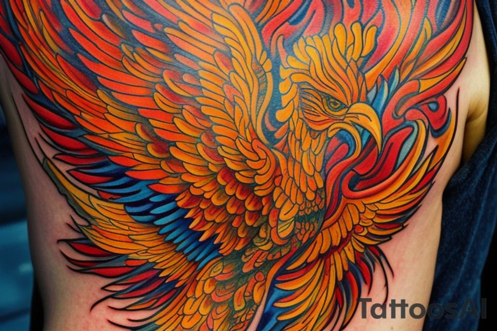 The tattoo is a vibrant and intricate design spanning up  from the Hip and 
 to the ribcage. It features a majestic phoenix, the mythical bird of fire and rebirth, as the central motif. The phoenix is depicted with outstretched wings, creating a sense of movement and grace. The body of the phoenix is adorned with vibrant shades of red, orange, and yellow, symbolizing the flames that engulf it. The feathers of the wings gradually transition from fiery hues to shades of deep indigo and royal purple, representing the transformation and renewal the phoenix embodies.

Surrounding the phoenix are lush, swirling patterns reminiscent of smoke and flames, beautifully blending with the bird's majestic aura. These patterns incorporate shades of black, gold, and gray, creating a stunning visual contrast against the rich blue hues of the phoenix's feathers.
Finally, for added depth and dimension, subtle touches of shading and highlights are employed throughout the tattoo, creating a three-dimensional effect that brings the entire design to life. tattoo idea