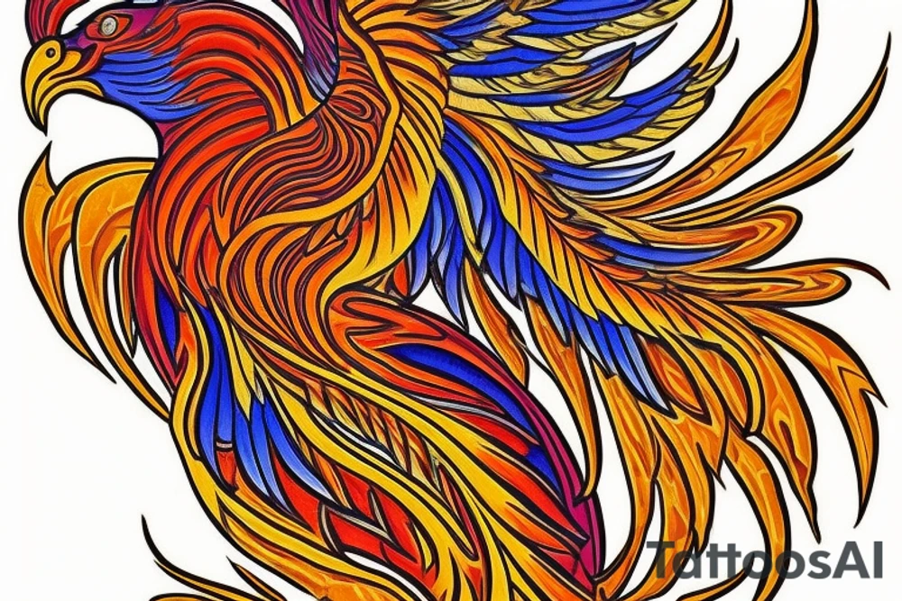 The tattoo is a vibrant and intricate design spanning up  from the Hip and 
 to the ribcage. It features a majestic phoenix, the mythical bird of fire and rebirth, as the central motif. The phoenix is depicted with outstretched wings, creating a sense of movement and grace. The body of the phoenix is adorned with vibrant shades of red, orange, and yellow, symbolizing the flames that engulf it. The feathers of the wings gradually transition from fiery hues to shades of deep indigo and royal purple, representing the transformation and renewal the phoenix embodies.

Surrounding the phoenix are lush, swirling patterns reminiscent of smoke and flames, beautifully blending with the bird's majestic aura. These patterns incorporate shades of black, gold, and gray, creating a stunning visual contrast against the rich blue hues of the phoenix's feathers.
Finally, for added depth and dimension, subtle touches of shading and highlights are employed throughout the tattoo, creating a three-dimensional effect that brings the entire design to life. tattoo idea
