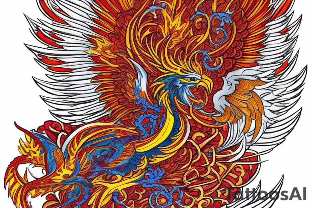 The tattoo is a vibrant and intricate design spanning up  from the Hip and 
 to the ribcage. It features a majestic phoenix, the mythical bird of fire and rebirth, as the central motif. The phoenix is depicted with outstretched wings, creating a sense of movement and grace. The body of the phoenix is adorned with vibrant shades of red, orange, and yellow, symbolizing the flames that engulf it. The feathers of the wings gradually transition from fiery hues to shades of deep indigo and royal purple, representing the transformation and renewal the phoenix embodies.

Surrounding the phoenix are lush, swirling patterns reminiscent of smoke and flames, beautifully blending with the bird's majestic aura. These patterns incorporate shades of black, gold, and gray, creating a stunning visual contrast against the rich blue hues of the phoenix's feathers.
Finally, for added depth and dimension, subtle touches of shading and highlights are employed throughout the tattoo, creating a three-dimensional effect that brings the entire design to life. tattoo idea