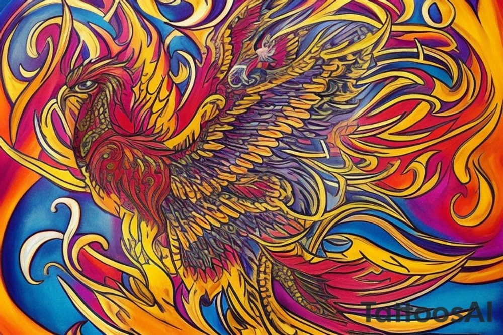 The tattoo is a vibrant and intricate design spanning up  from the Hip and 
 to the ribcage. It features a majestic phoenix, the mythical bird of fire and rebirth, as the central motif. The phoenix is depicted with outstretched wings, creating a sense of movement and grace. The body of the phoenix is adorned with vibrant shades of red, orange, and yellow, symbolizing the flames that engulf it. The feathers of the wings gradually transition from fiery hues to shades of deep indigo and royal purple, representing the transformation and renewal the phoenix embodies.

Surrounding the phoenix are lush, swirling patterns reminiscent of smoke and flames, beautifully blending with the bird's majestic aura. These patterns incorporate shades of black, gold, and gray, creating a stunning visual contrast against the rich blue hues of the phoenix's feathers.
Finally, for added depth and dimension, subtle touches of shading and highlights are employed throughout the tattoo, creating a three-dimensional effect that brings the entire design to life. tattoo idea