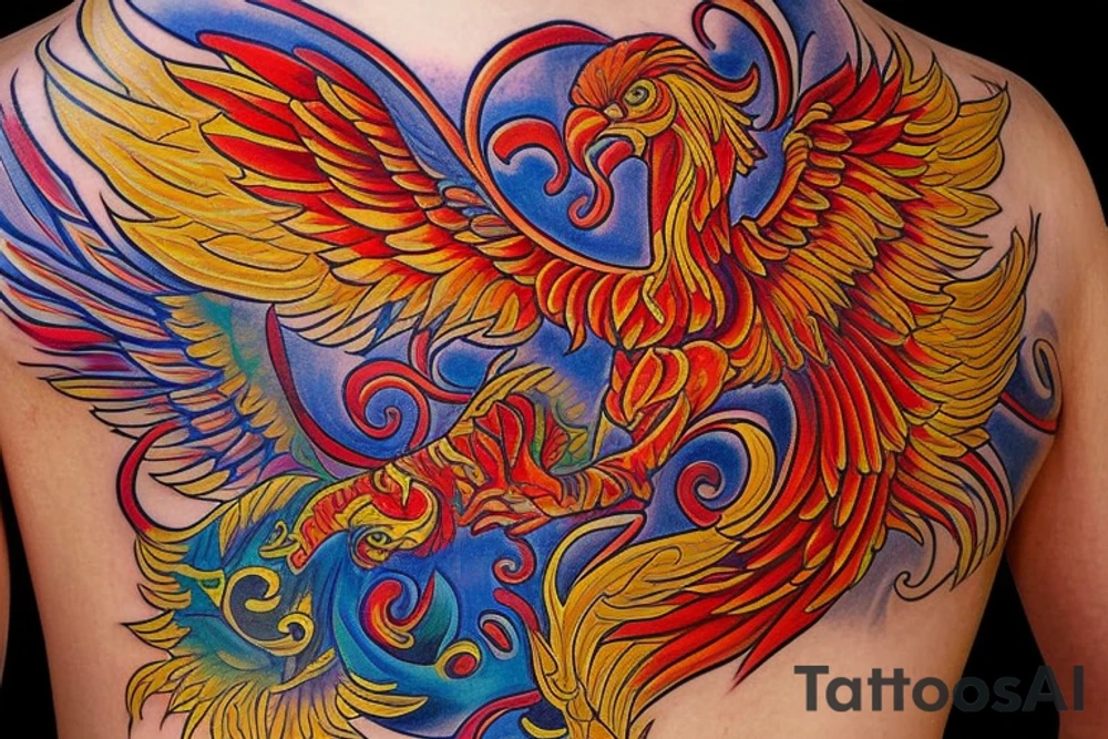 The tattoo is a vibrant and intricate design spanning up  from the Hip and 
 to the ribcage. It features a majestic phoenix, the mythical bird of fire and rebirth, as the central motif. The phoenix is depicted with outstretched wings, creating a sense of movement and grace. The body of the phoenix is adorned with vibrant shades of red, orange, and yellow, symbolizing the flames that engulf it. The feathers of the wings gradually transition from fiery hues to shades of deep indigo and royal purple, representing the transformation and renewal the phoenix embodies.  The Phoenix's face looks exactly like Kim Kardashian

Surrounding the phoenix are lush, swirling patterns reminiscent of smoke and flames, beautifully blending with the bird's majestic aura. These patterns incorporate shades of black, gold, and gray, creating a stunning visual contrast against the rich blue hues of the phoenix's feathers.
Finally, for added depth and dimension, subtle touches of shading and highlights are employed throughout the tattoo, creating a three-dimensional effect that brings the entire design to life. tattoo idea